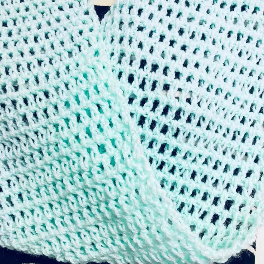 Infinity Scarf Light Teal Blue Windowpane Crochet Design 40 x 7.5 inches